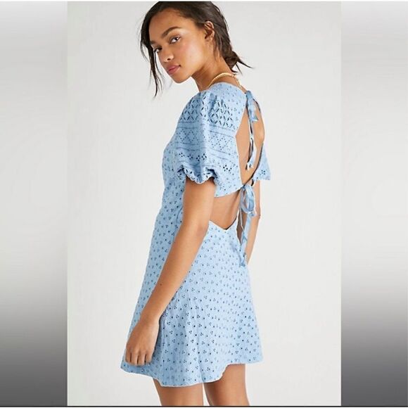 Free People - Apricot Rose Puff Sleeve Eyelet Light Blue Dress - Picture 1 of 6